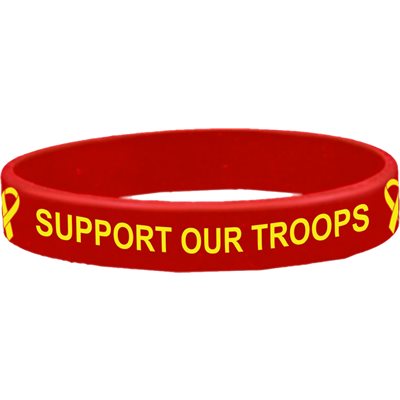 WRSTBND-SUPPORT OUR TROOPS (GOLD LTRS ON RED) (DX)
